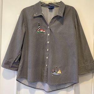 Las Olas Shirt Blouse Top Size XL Black White Checkered Embroidered Lighthouses